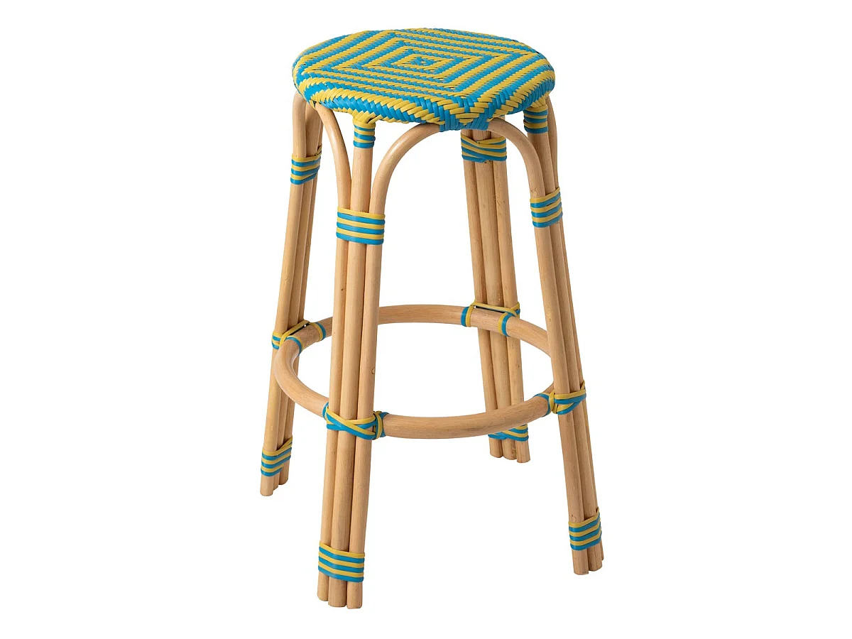 Tabouret de Bar en Rotin "Geo" 66cm Jaune & Bleu