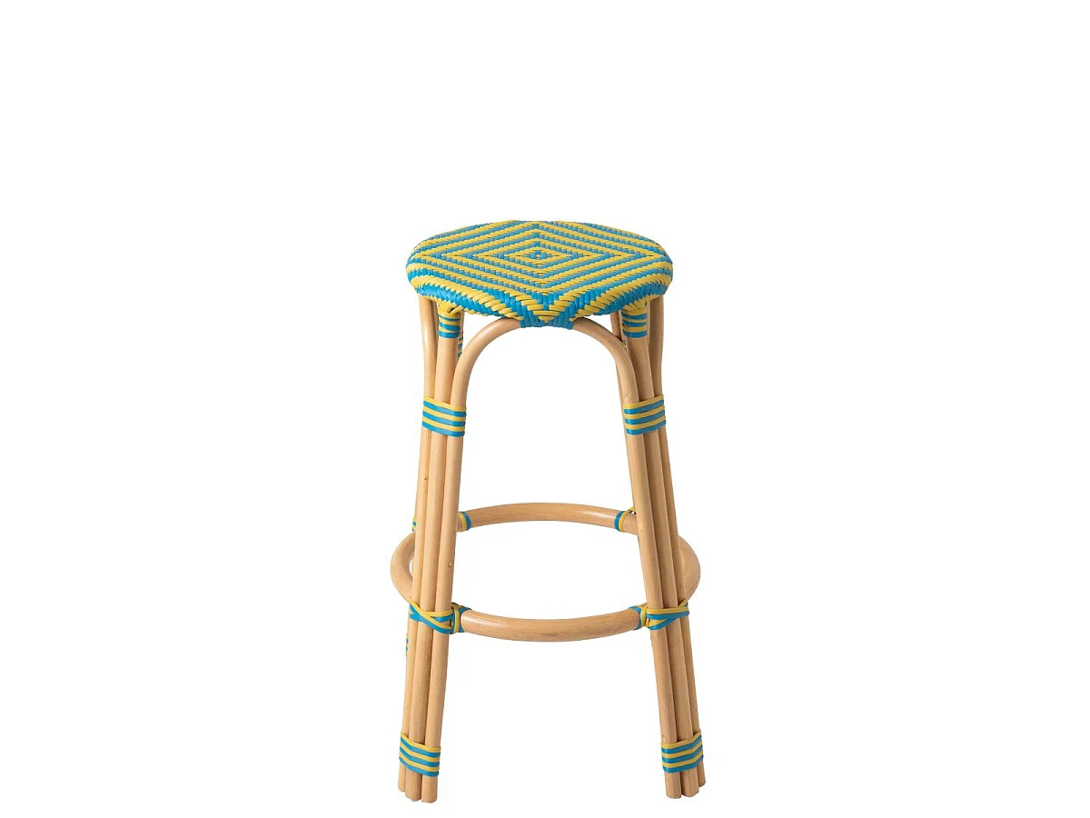 Tabouret de Bar en Rotin "Geo" 66cm Jaune & Bleu