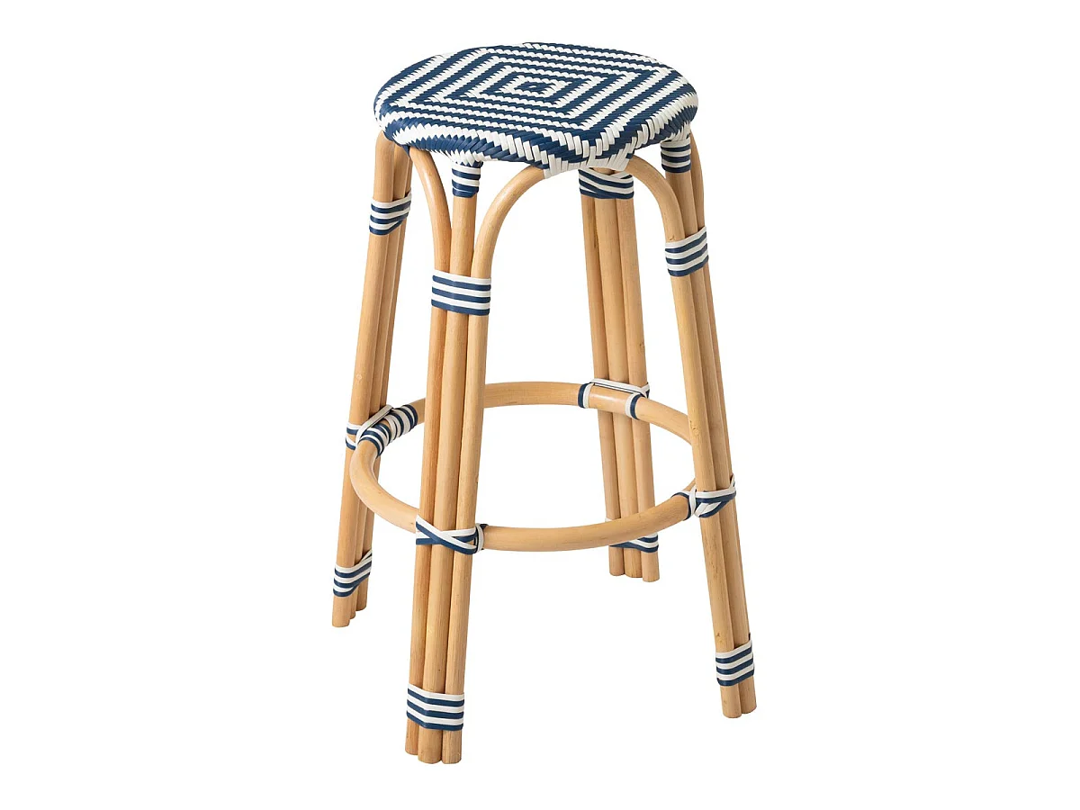 Tabouret de Bar en Rotin "Geo" 66cm Bleu & Blanc