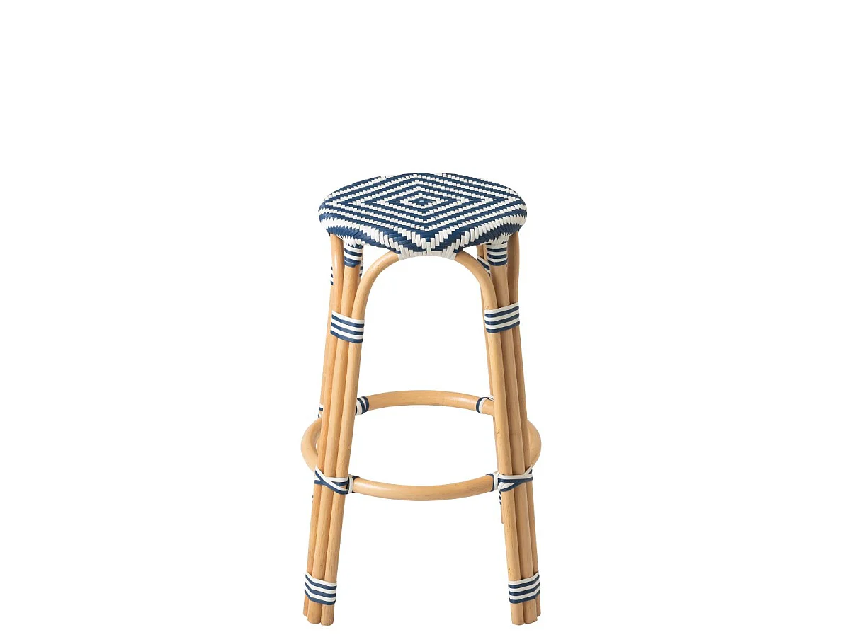 Tabouret de Bar en Rotin "Geo" 66cm Bleu & Blanc