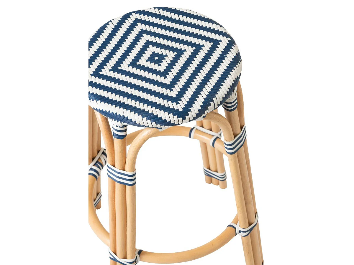 Tabouret de Bar en Rotin "Geo" 66cm Bleu & Blanc