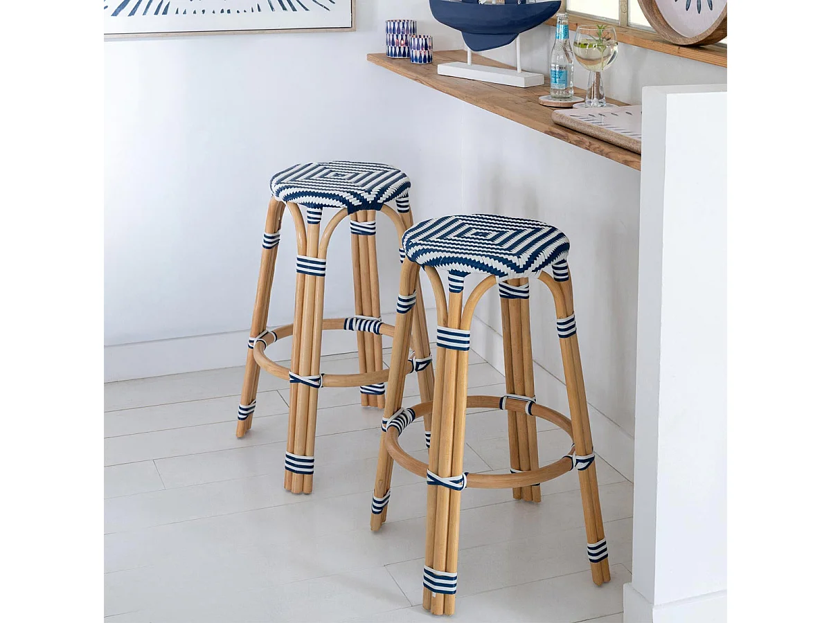 Tabouret de Bar en Rotin "Geo" 66cm Bleu & Blanc