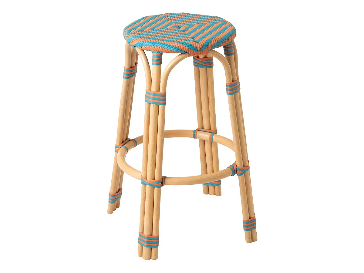 Tabouret de Bar en Rotin "Geo" 66cm Orange & Turquoise