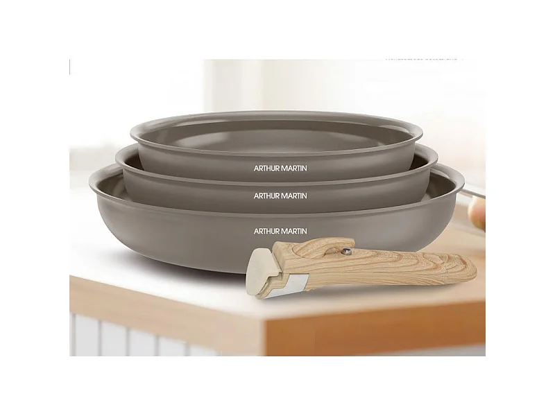 Set de 3 poêles 20-24-28 cm poignée amovible Taupe Arthur Martin AM4587