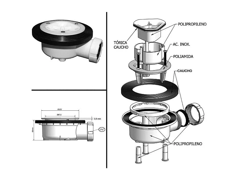 Plato de ducha resina SIERRA negro  90x80 cm rejilla acero inox.