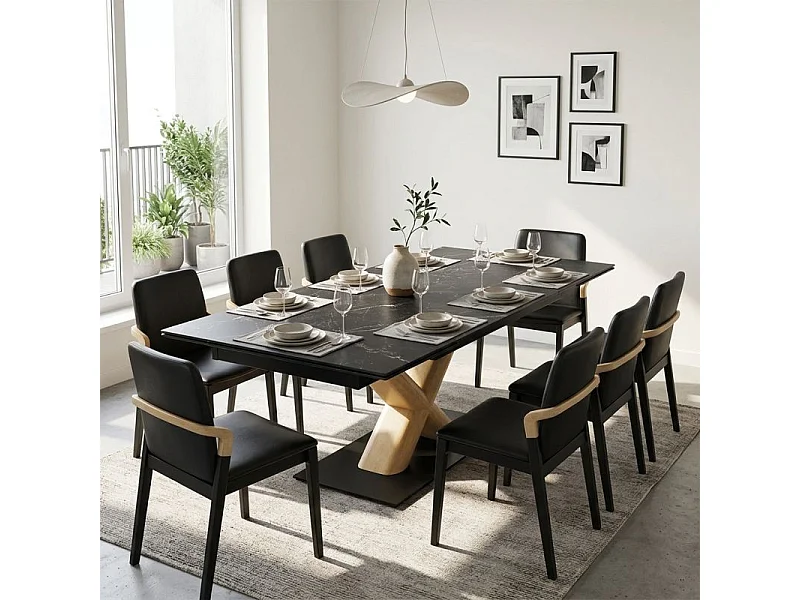 Table extensible 180 à 260 cm céramique noir marbré pied central X plaqué bois clair - INDIANA 13