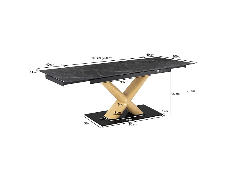 Table extensible 180 à 260 cm céramique noir marbré pied central X plaqué bois clair - INDIANA 13