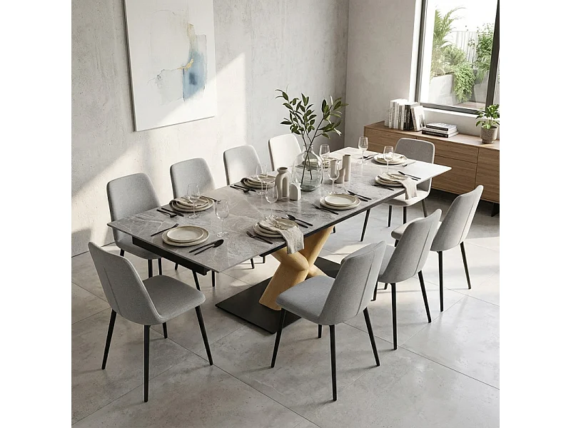 Table extensible 160 à 240 cm céramique gris laqué pied central X plaqué bois clair - DAKOTA 13