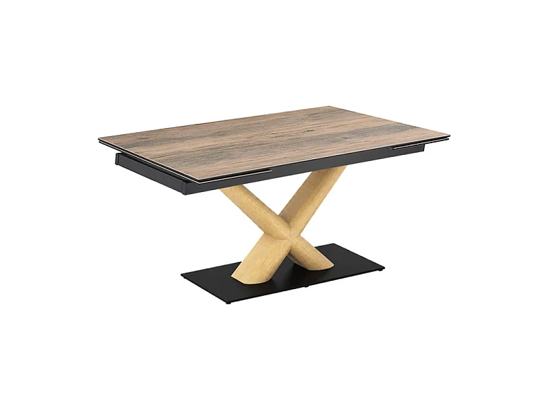 Table extensible 180 à 260 cm céramique effet bois pied central X plaqué bois clair - TEXAS 13