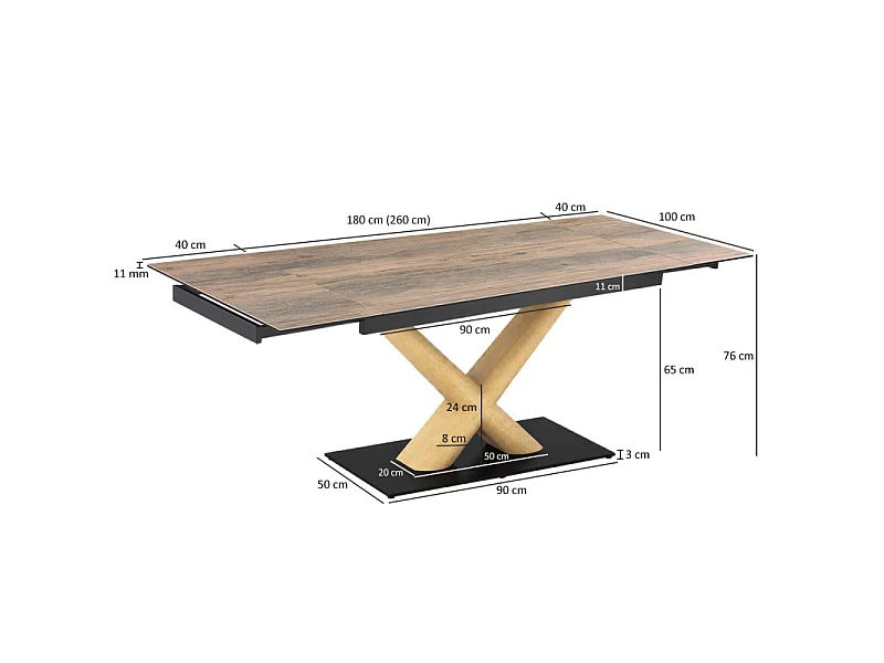 Table extensible 180 à 260 cm céramique effet bois pied central X plaqué bois clair - TEXAS 13