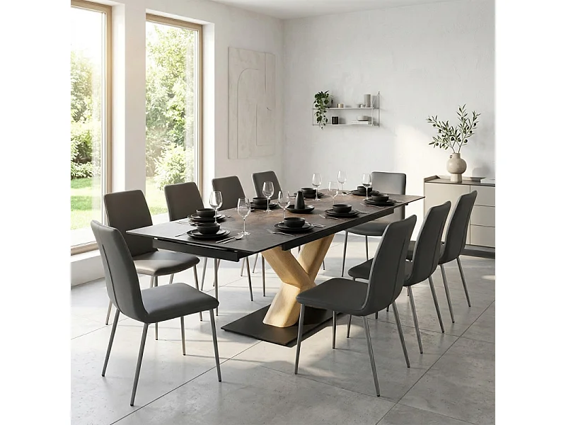 Table extensible 180 à 260 cm céramique gris vieilli pied central X plaqué bois clair - MAINE 13