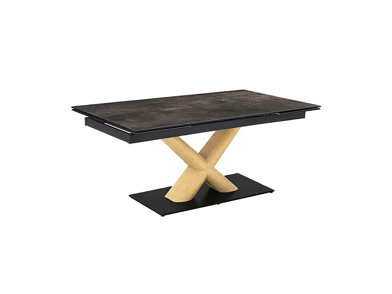 Table extensible 160 à 240 cm céramique gris vieilli pied central X plaqué bois clair - MAINE 13