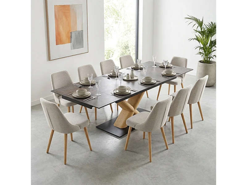 Table extensible 160 à 240 cm céramique gris vieilli pied central X plaqué bois clair - MAINE 13