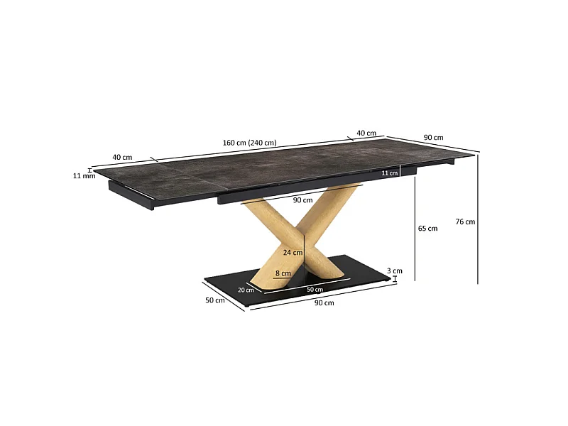 Table extensible 160 à 240 cm céramique gris vieilli pied central X plaqué bois clair - MAINE 13