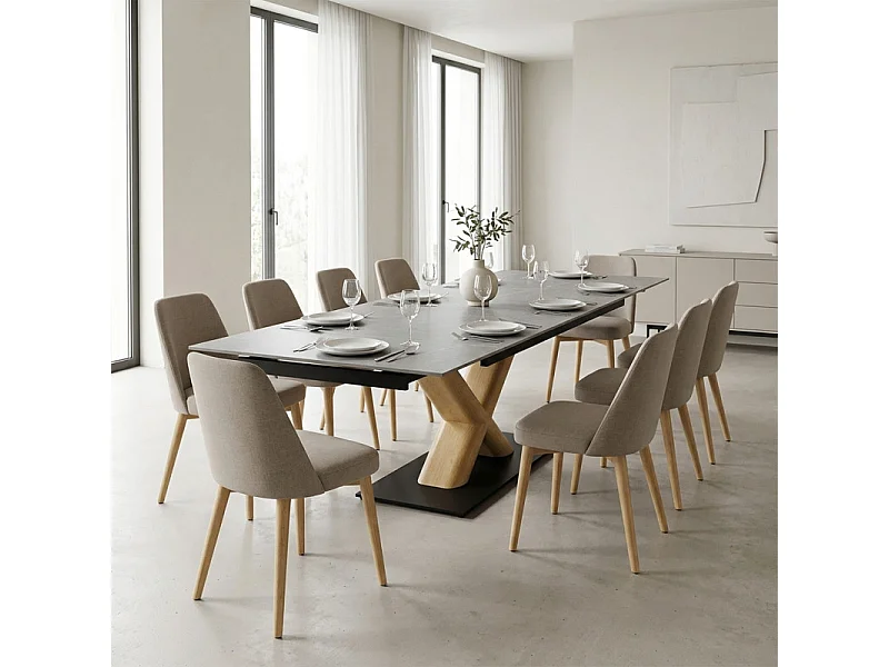 Table extensible 160 à 240 cm céramique gris marbré pied central X plaqué bois clair - ARIZONA 13