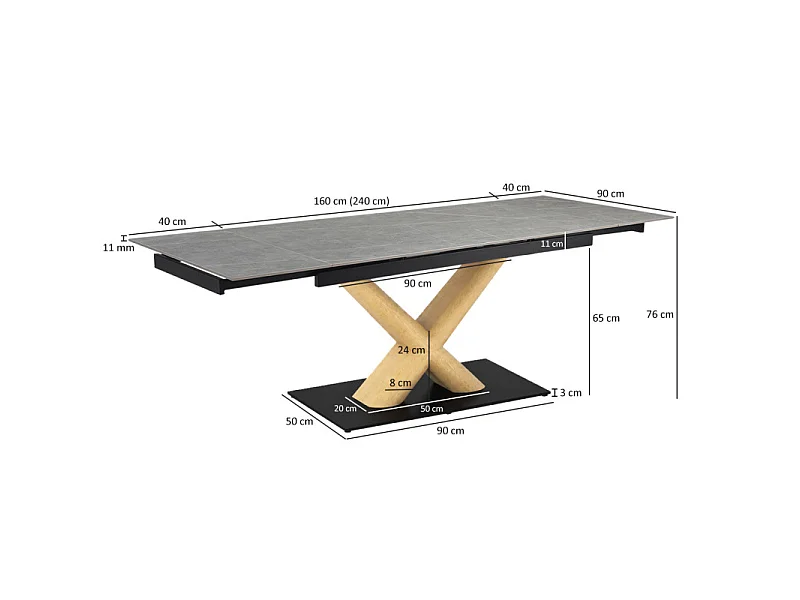 Table extensible 160 à 240 cm céramique gris marbré pied central X plaqué bois clair - ARIZONA 13