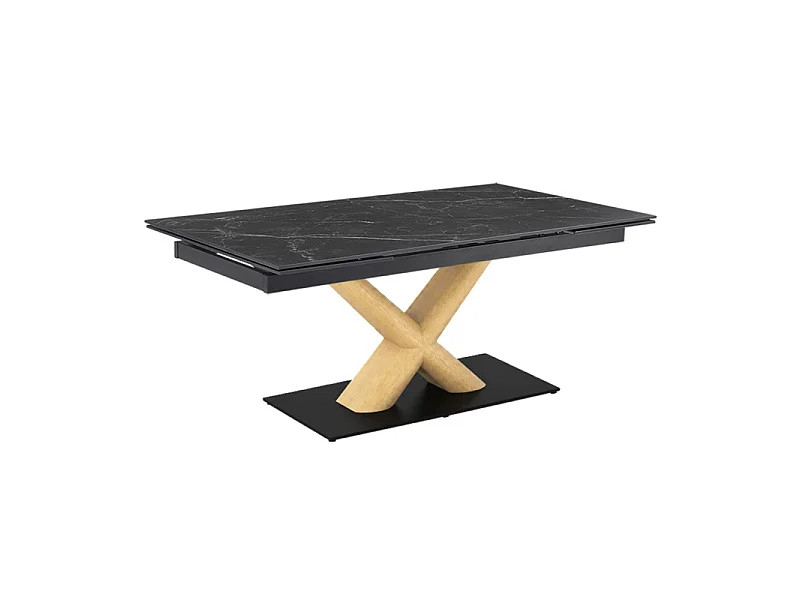 Table extensible 160 à 240 cm céramique noir marbré pied central X plaqué bois clair - INDIANA 13