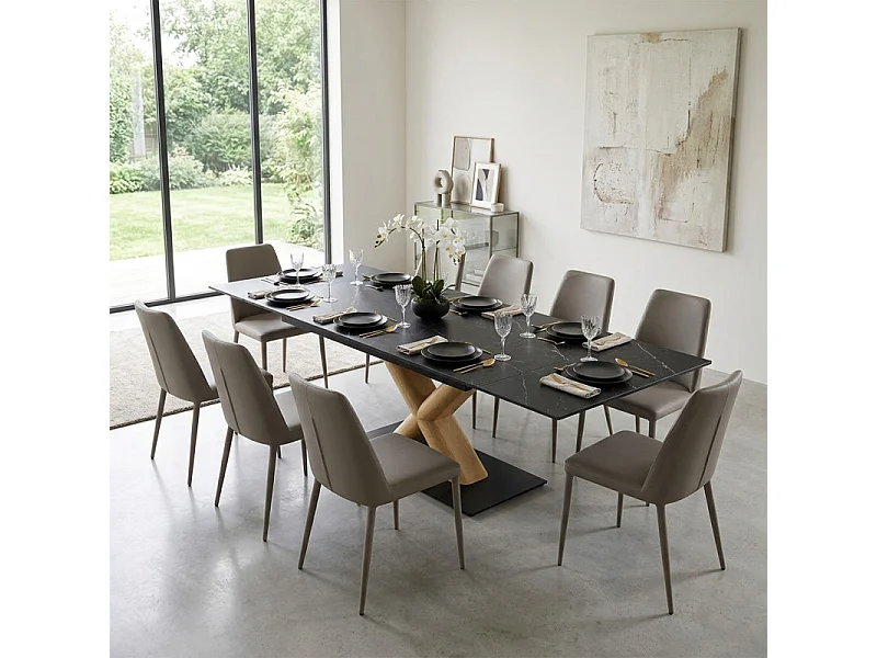 Table extensible 160 à 240 cm céramique noir marbré pied central X plaqué bois clair - INDIANA 13