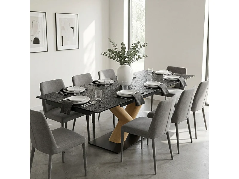 Table extensible 160 à 240 cm verre bullé gris pied central X plaqué bois clair - ATLANTA 13