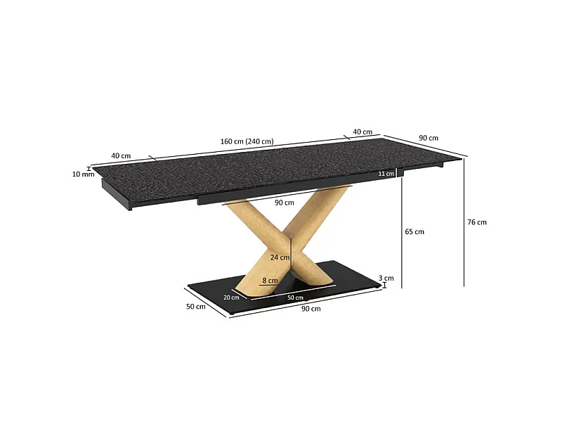 Table extensible 160 à 240 cm verre bullé gris pied central X plaqué bois clair - ATLANTA 13