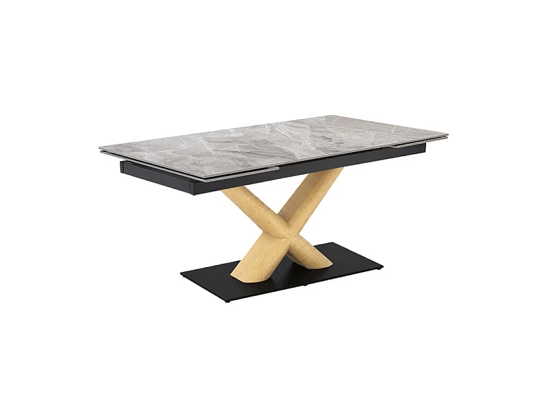 Table extensible 180 à 260 cm céramique gris laqué pied central X plaqué bois clair - DAKOTA 13
