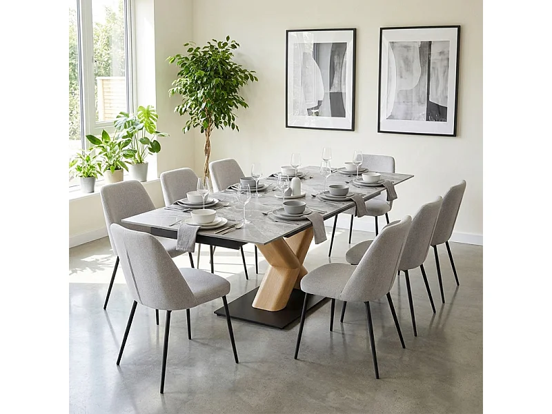 Table extensible 180 à 260 cm céramique gris laqué pied central X plaqué bois clair - DAKOTA 13