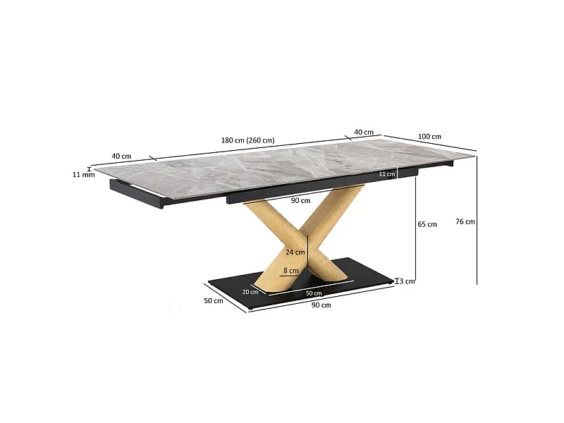 Table extensible 180 à 260 cm céramique gris laqué pied central X plaqué bois clair - DAKOTA 13