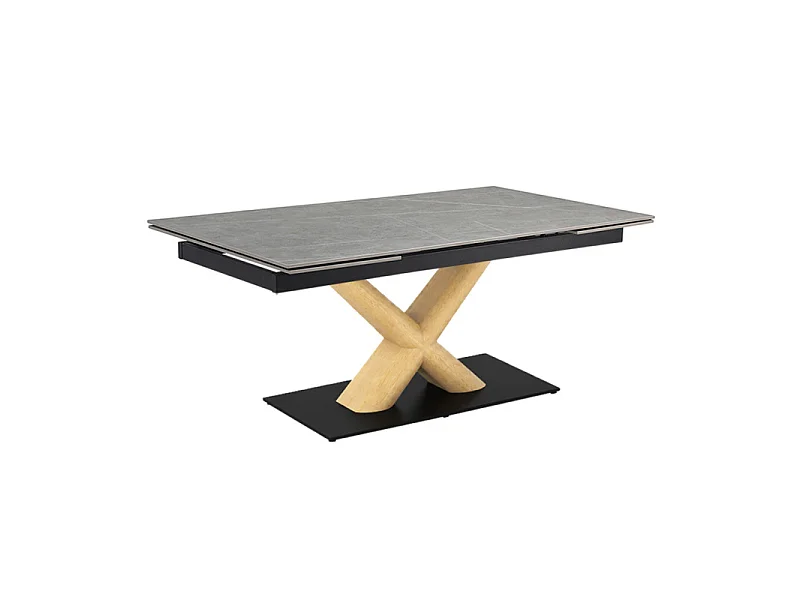 Table extensible 180 à 260 cm céramique gris marbré pied central X plaqué bois clair - ARIZONA 13