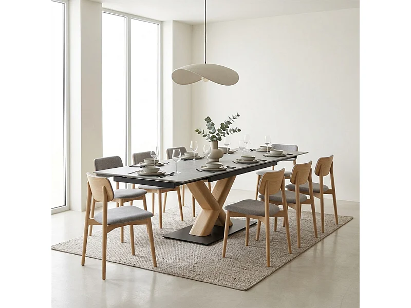 Table extensible 180 à 260 cm céramique gris marbré pied central X plaqué bois clair - ARIZONA 13