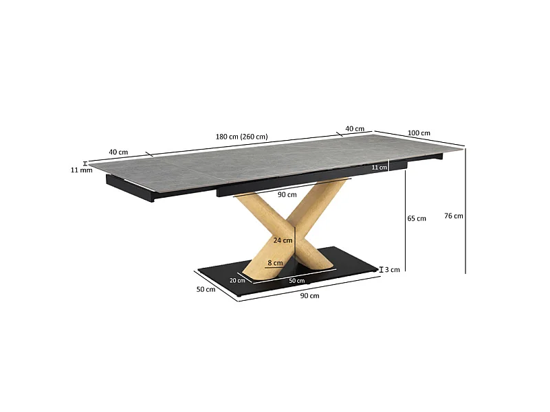 Table extensible 180 à 260 cm céramique gris marbré pied central X plaqué bois clair - ARIZONA 13