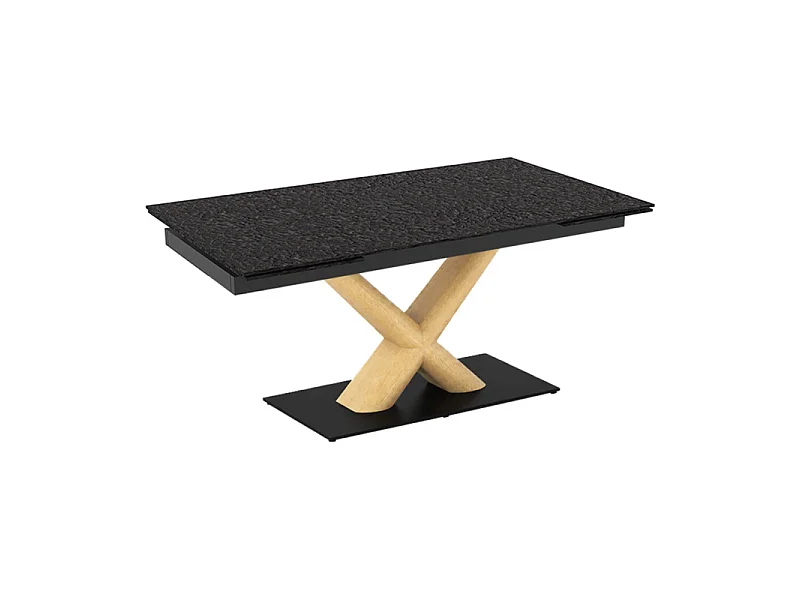 Table extensible 180 à 260 cm verre bullé gris pied central X plaqué bois clair - ATLANTA 13