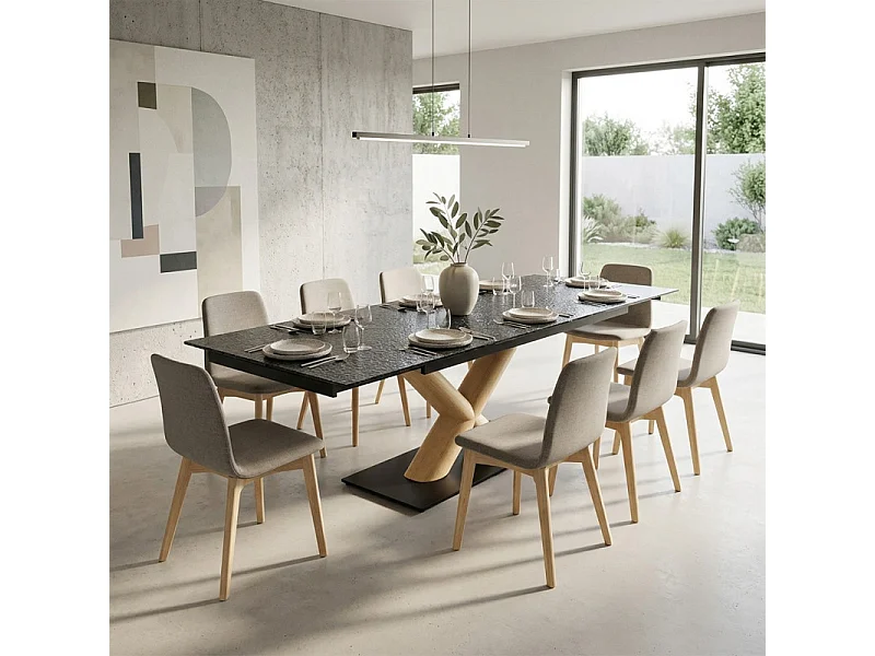 Table extensible 180 à 260 cm verre bullé gris pied central X plaqué bois clair - ATLANTA 13