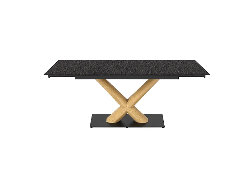 Table extensible 180 à 260 cm verre bullé gris pied central X plaqué bois clair - ATLANTA 13