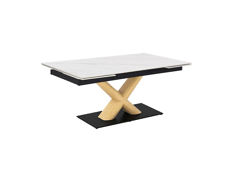 Table extensible 180 à 260 cm céramique blanc marbré pied central X plaqué bois clair - NEVADA 13