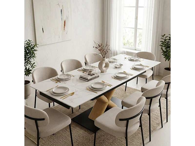 Table extensible 180 à 260 cm céramique blanc marbré pied central X plaqué bois clair - NEVADA 13