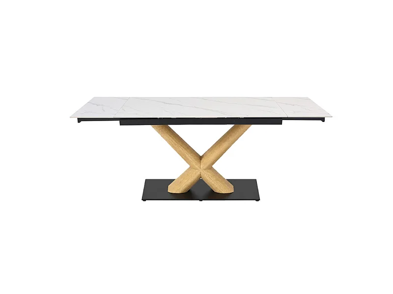 Table extensible 180 à 260 cm céramique blanc marbré pied central X plaqué bois clair - NEVADA 13
