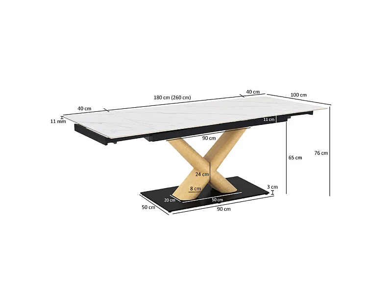 Table extensible 180 à 260 cm céramique blanc marbré pied central X plaqué bois clair - NEVADA 13