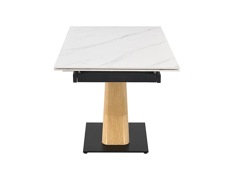 Table extensible 180 à 260 cm céramique blanc marbré pied central X plaqué bois clair - NEVADA 13