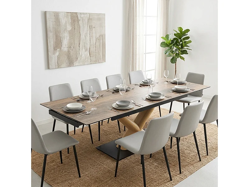 Table extensible 160 à 240 cm céramique effet bois pied central X plaqué bois clair - TEXAS 13