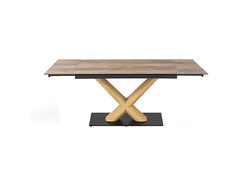 Table extensible 160 à 240 cm céramique effet bois pied central X plaqué bois clair - TEXAS 13