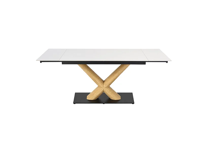 Table extensible 160 à 240 cm céramique blanc pied central X plaqué bois clair - OREGON 13