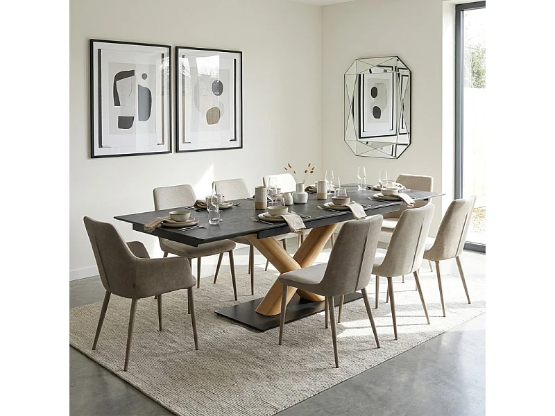 Table extensible 180 à 260 cm céramique gris anthracite pied central X plaqué bois clair - UTAH 13