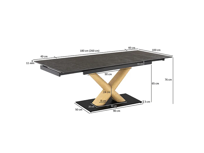 Table extensible 180 à 260 cm céramique gris anthracite pied central X plaqué bois clair - UTAH 13
