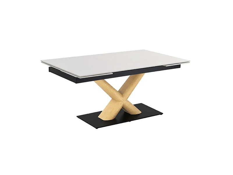 Table extensible 180 à 260 cm céramique blanc pied central X plaqué bois clair - OREGON 13