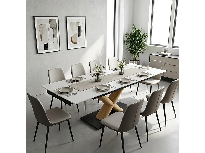 Table extensible 180 à 260 cm céramique blanc pied central X plaqué bois clair - OREGON 13