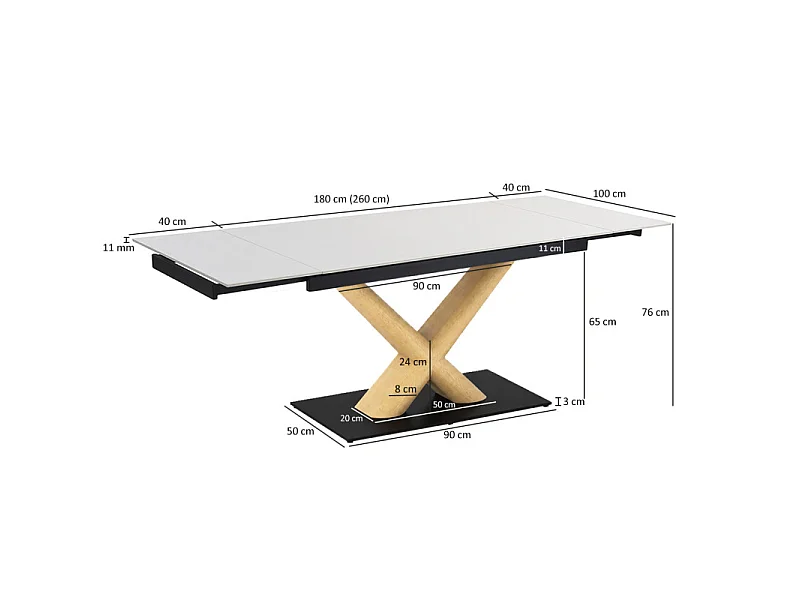 Table extensible 180 à 260 cm céramique blanc pied central X plaqué bois clair - OREGON 13