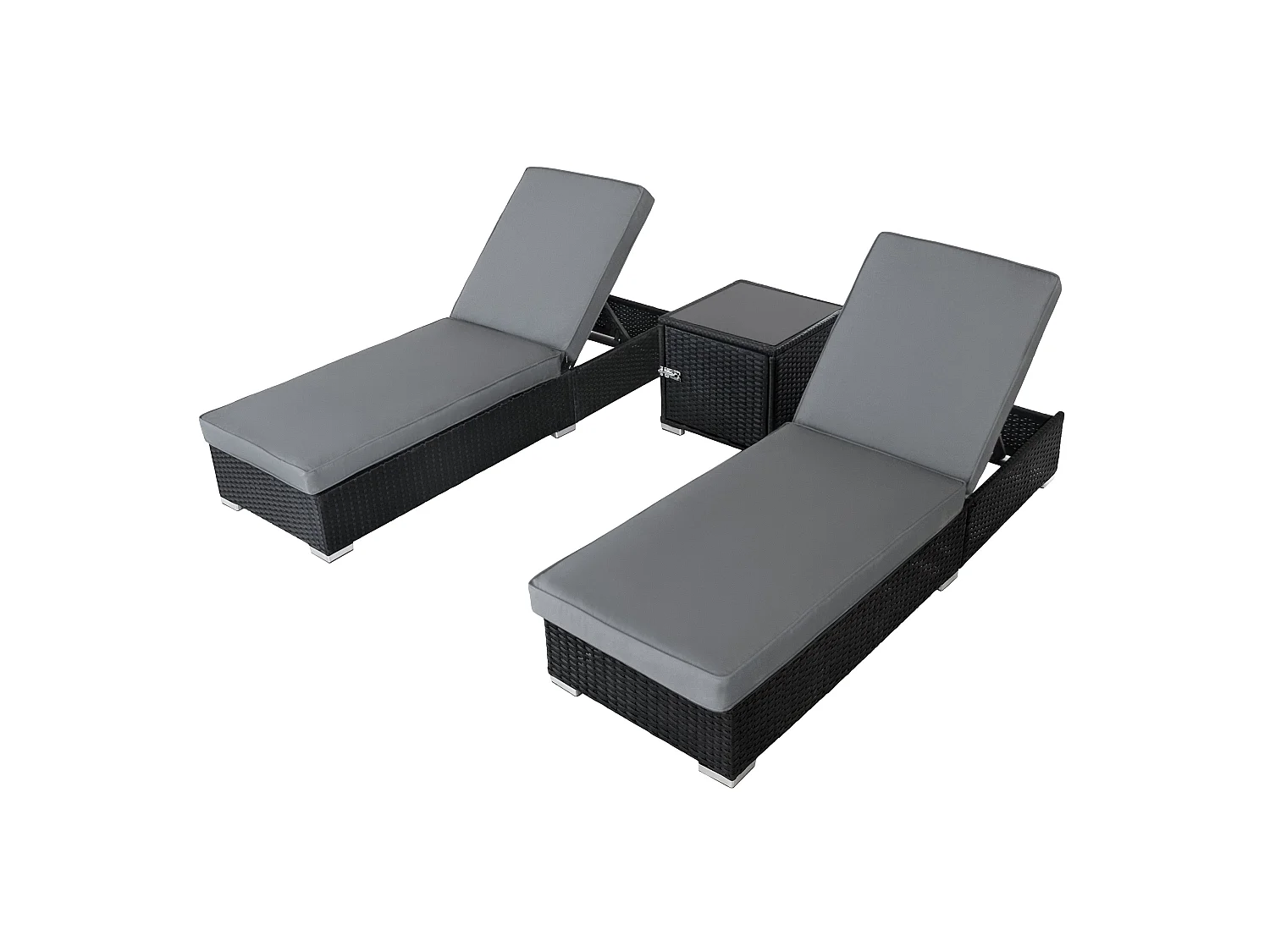 Polyrattan ligbed set 3-delig – 2 verstelbare zwarte ligbedden & bijzettafel