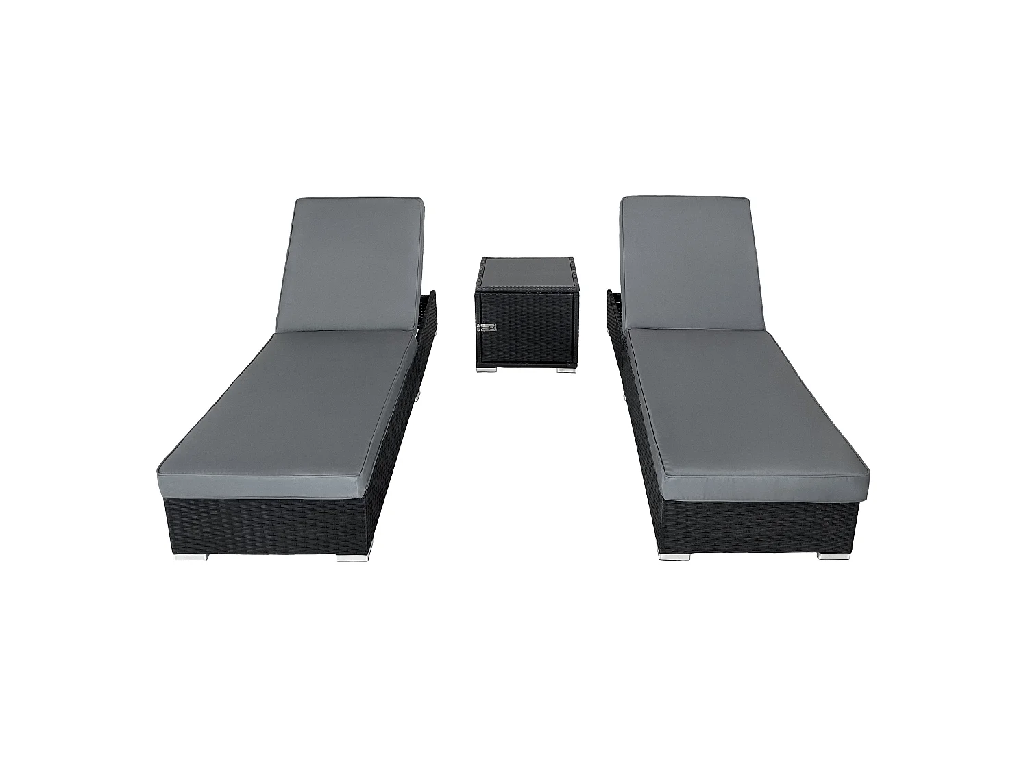 Polyrattan ligbed set 3-delig – 2 verstelbare zwarte ligbedden & bijzettafel