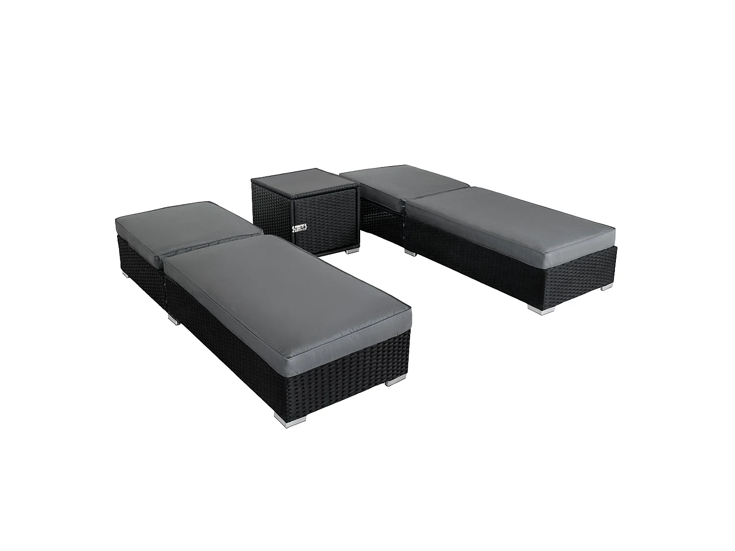 Polyrattan ligbed set 3-delig – 2 verstelbare zwarte ligbedden & bijzettafel