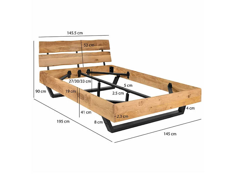 Lit 140 x 190 cm bois de chêne massif et pieds en métal noir - OTTAWA